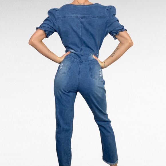 Puff Sleeve Sweetheart Neck Distressed Denim Raw Ankle Jean Overall Jumpsuit - Picture 7 of 10